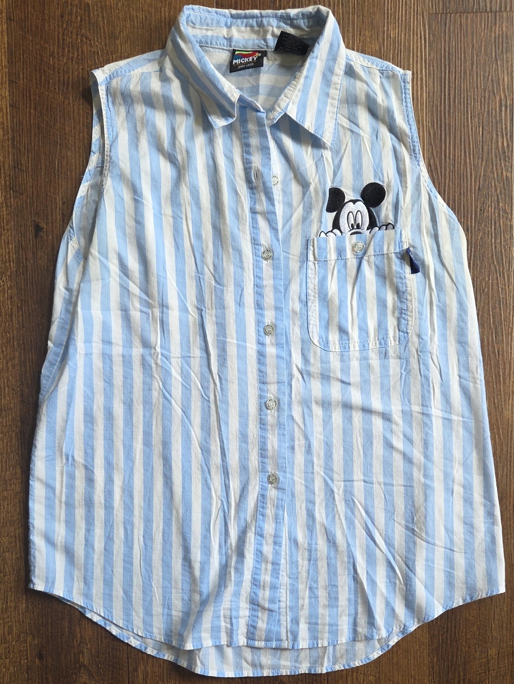Mickey Mouse Blue & White Striped Sleeveless Button-Up Shirt - Picture 1 of 6